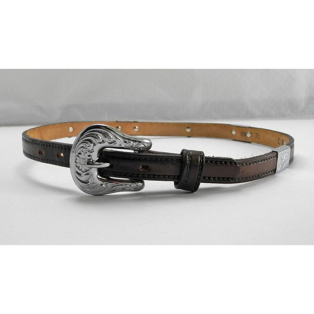 Circle Y Brown Leather Belt Engraved Silver Tone Conchos & Buckle - Size 28